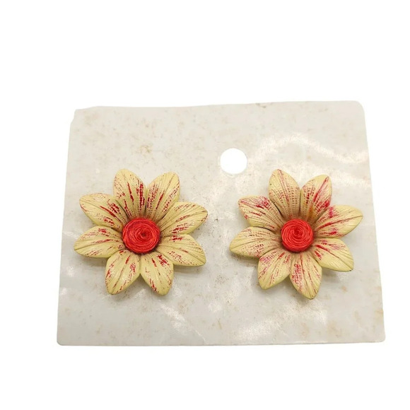 Vintage 1980s Hand-Painted Yellow Orange Flower Clip-On Earrings - Picture 1 of 5